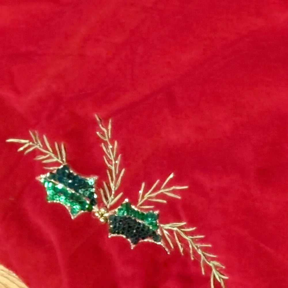 Christmas Tree‎ Skirt VTG Sequin Holly Leaves Embroidery Velor Red 47 Inches